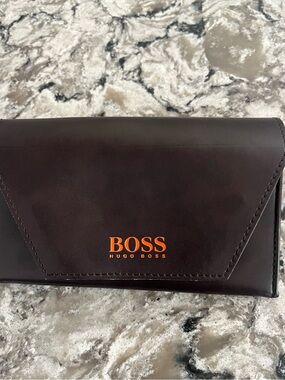 Hugo Boss Dark Brown Leather Eyeglass Case with Orange Logo